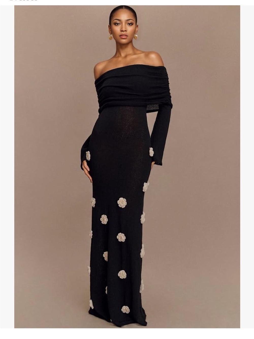 Off-Shoulder Black Maxi Dress with Ivory Floral Appliqués